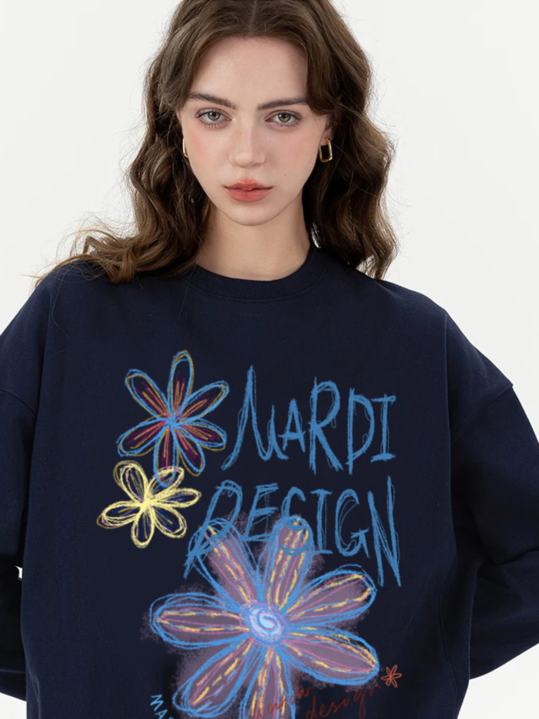 Mardi涂鸦雏菊花朵插肩圆领套头卫衣25新款印花设计感ins风上衣