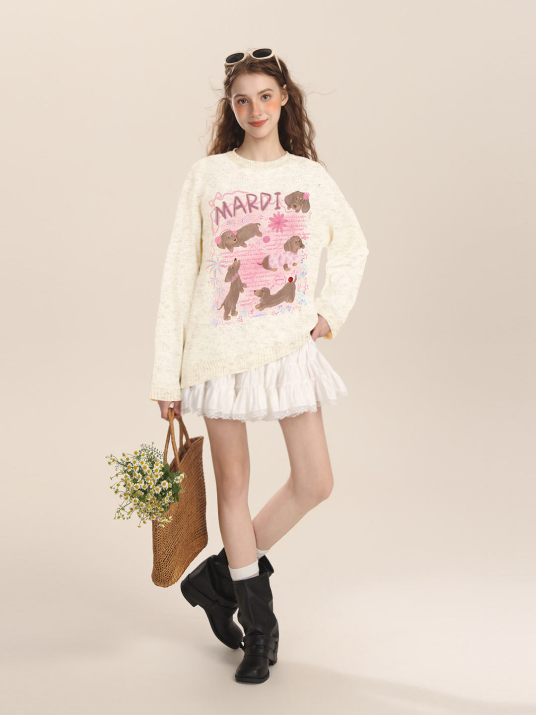 Mardi韩版25秋冬季新款宽松休闲保暖毛衣卡通圆领甜美粉小狗上衣