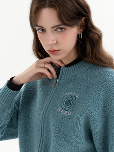 Mardi秋冬新款100%绵羊毛上衣女美拉德休闲玫瑰花刺绣羊羔毛外套