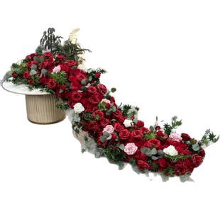 桌花婚礼场餐桌长桌装饰条花景布置长排花地排花长条花长桌仿真花