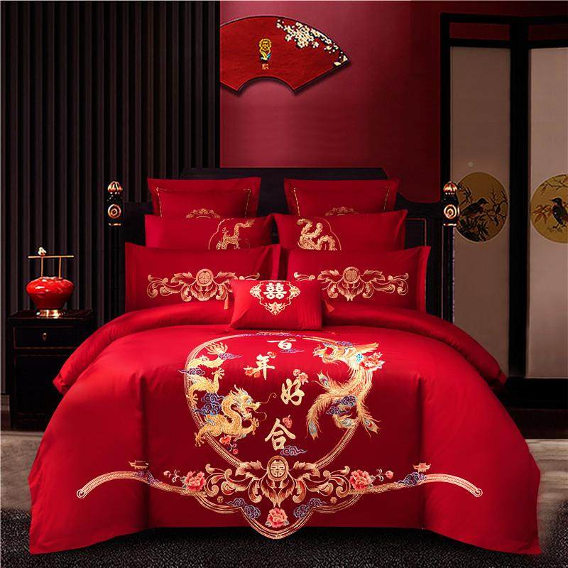 色婚庆纺百年家好合龙凤刺绣四套件红被套南通H2162家纺,床上用品,婚庆床品套件,淘宝优惠券,粉丝福利购,淘宝优惠卷