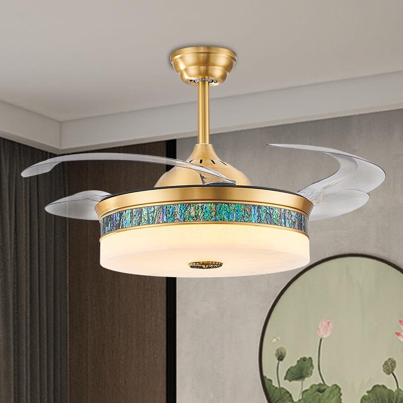 新中式全铜国云石隐形风现扇吊代中风家灯用餐厅卧室客厅云石吊灯