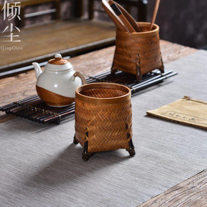 手工大漆竹编笔筒 茶道六君子 收纳筒茶筒茶则茶拨茶夹滤茶器养壶