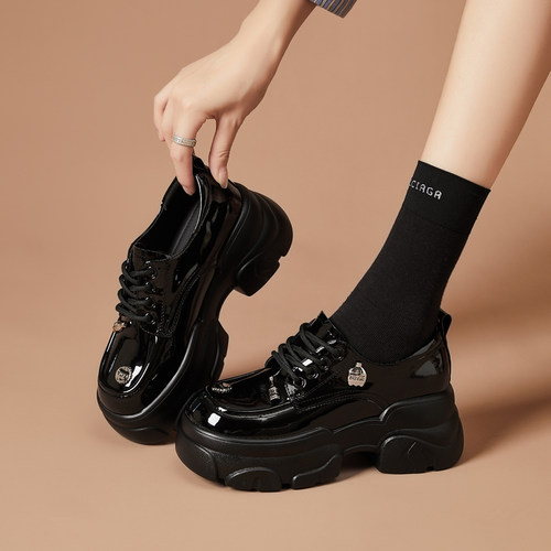 松糕厚底乐福鞋女款2026新款春夏小个子增高黑色英伦风通勤小皮鞋