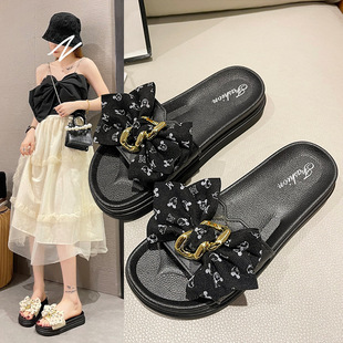蝴蝶结厚底松糕底内销凉拖鞋 新款 时尚 拖鞋 批发 女外穿PVC平底拖鞋