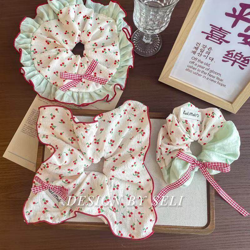 甜美樱桃蝴蝶结方巾大肠发圈田园方形气质头发马尾发绳头绳发饰女