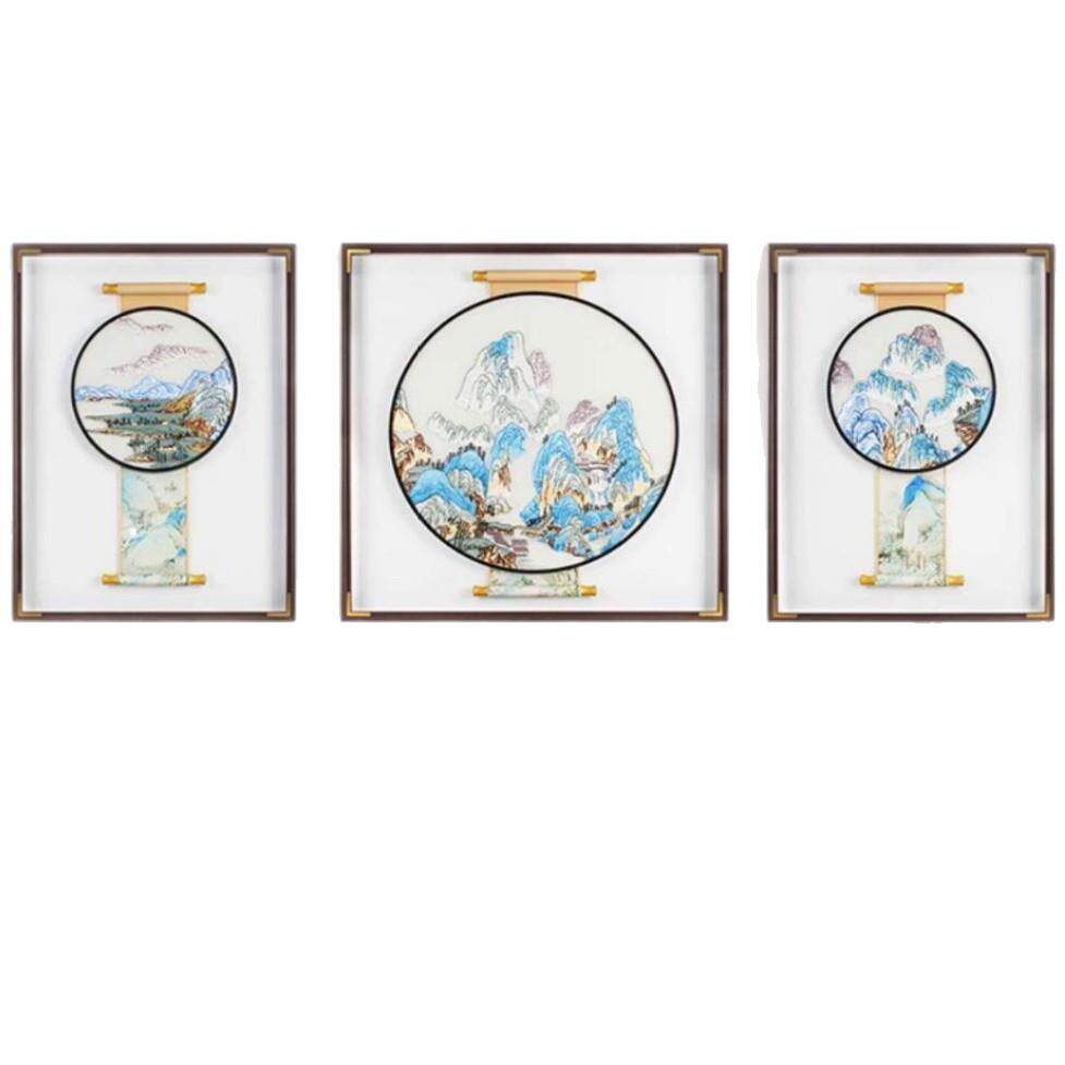 千里江山客厅背景墙三联画新中式山水刺绣挂画非遗苏绣成品装饰画