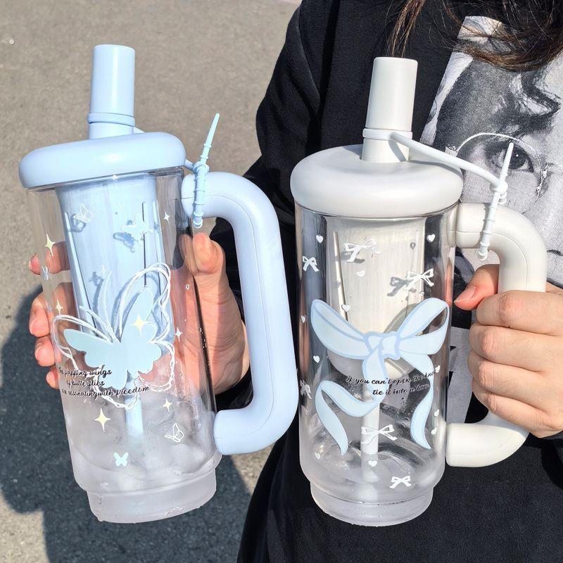高颜值新吸管水杯杯子女生冰霸杯大容量把手杯蝴蝶桌面大茶仓个性