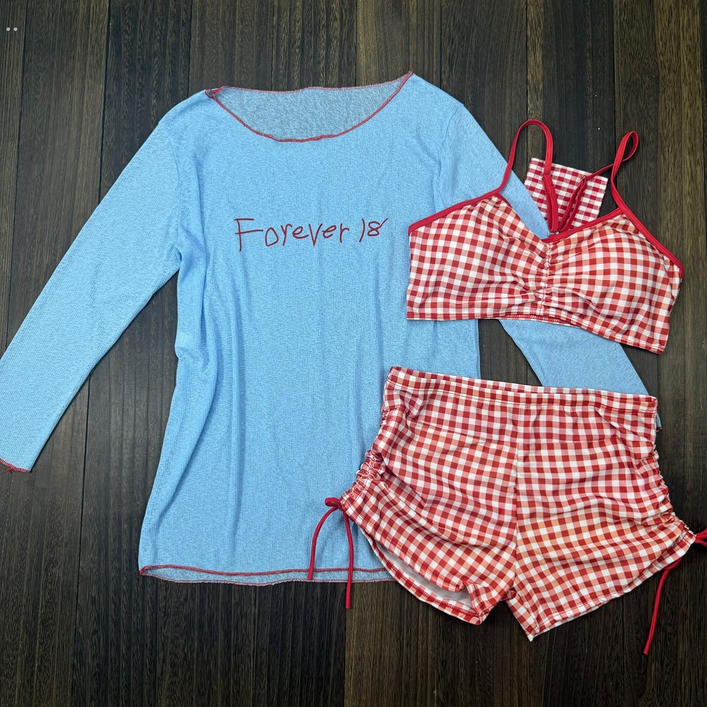 ins风分体泳衣女微胖MM保守显瘦遮肚性感格子甜美大码少女游泳装