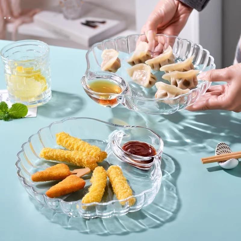 饺子盘子带醋碟家用玻璃水饺盘高颜值专用分格贝壳菜盘创意水果盘