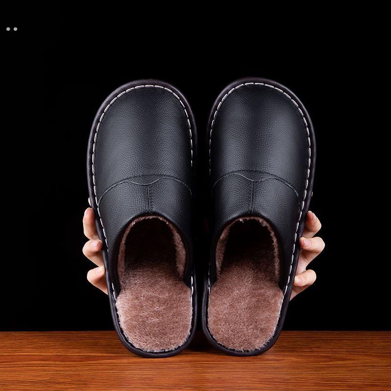 真皮家居皮拖鞋男女冬季家用防滑室内保暖情侣棉拖鞋