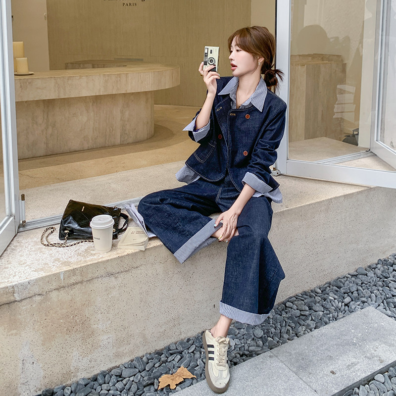 深蓝色拼接设计感牛仔套装裤女2025春季新款休闲百搭阔腿裤两件套,女装套装/套裙,2C031