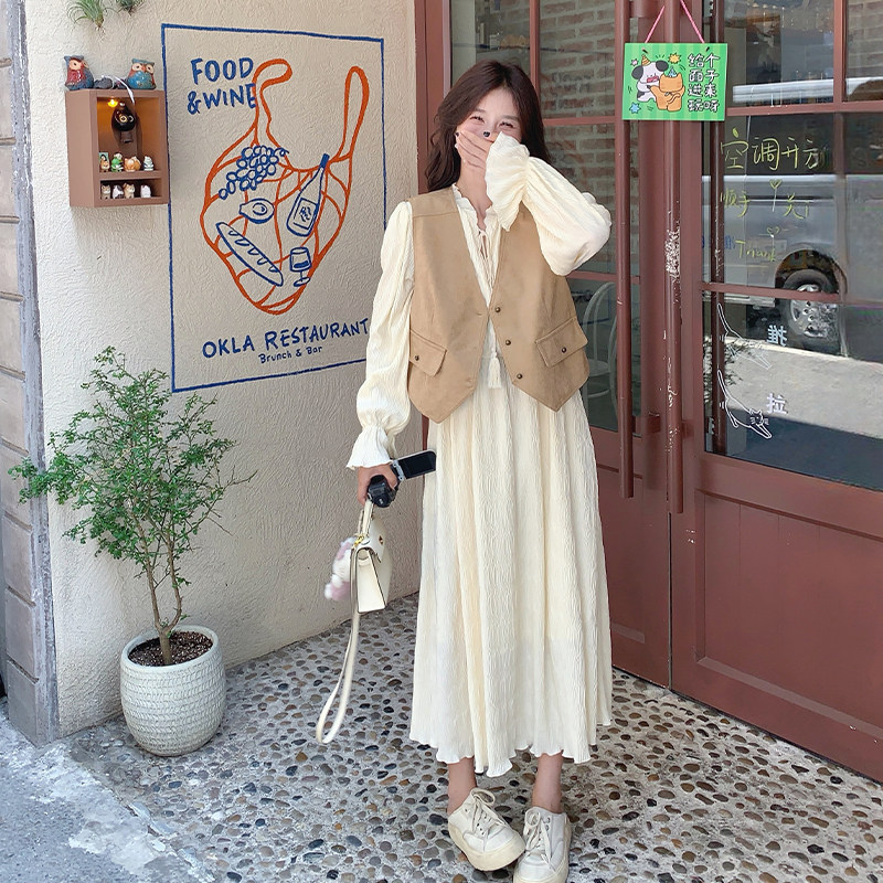 法式温柔风茶歇连衣裙套装女2025春秋新款显瘦复古气质马甲两件套,女装连衣裙,2C031