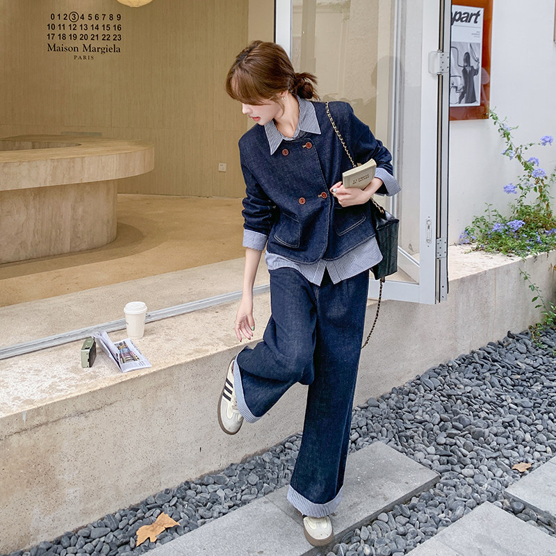 深蓝色拼接设计感牛仔套装裤女2025春季新款休闲百搭阔腿裤两件套,女装套装/套裙,2C031