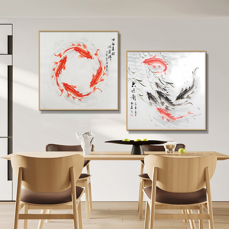 中式国画斗方九鱼图九鲤如意客厅餐厅装饰画手绘风水鱼饭厅装饰画