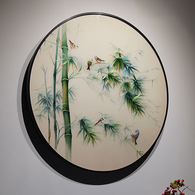 竹报平安新中式圆形高档手工苏绣挂画书房客厅玄关刺绣成品装饰画图片