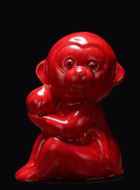 小猴子可爱的黄色红色陶瓷器猴子生肖摆件风水用的土陶器猴风水猴