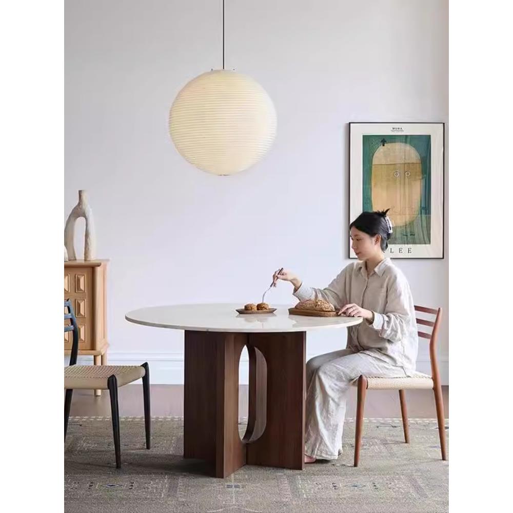 中古风餐桌胡桃木圆形白蜡木实木桌子小户型法式覆古水磨石餐桌椅