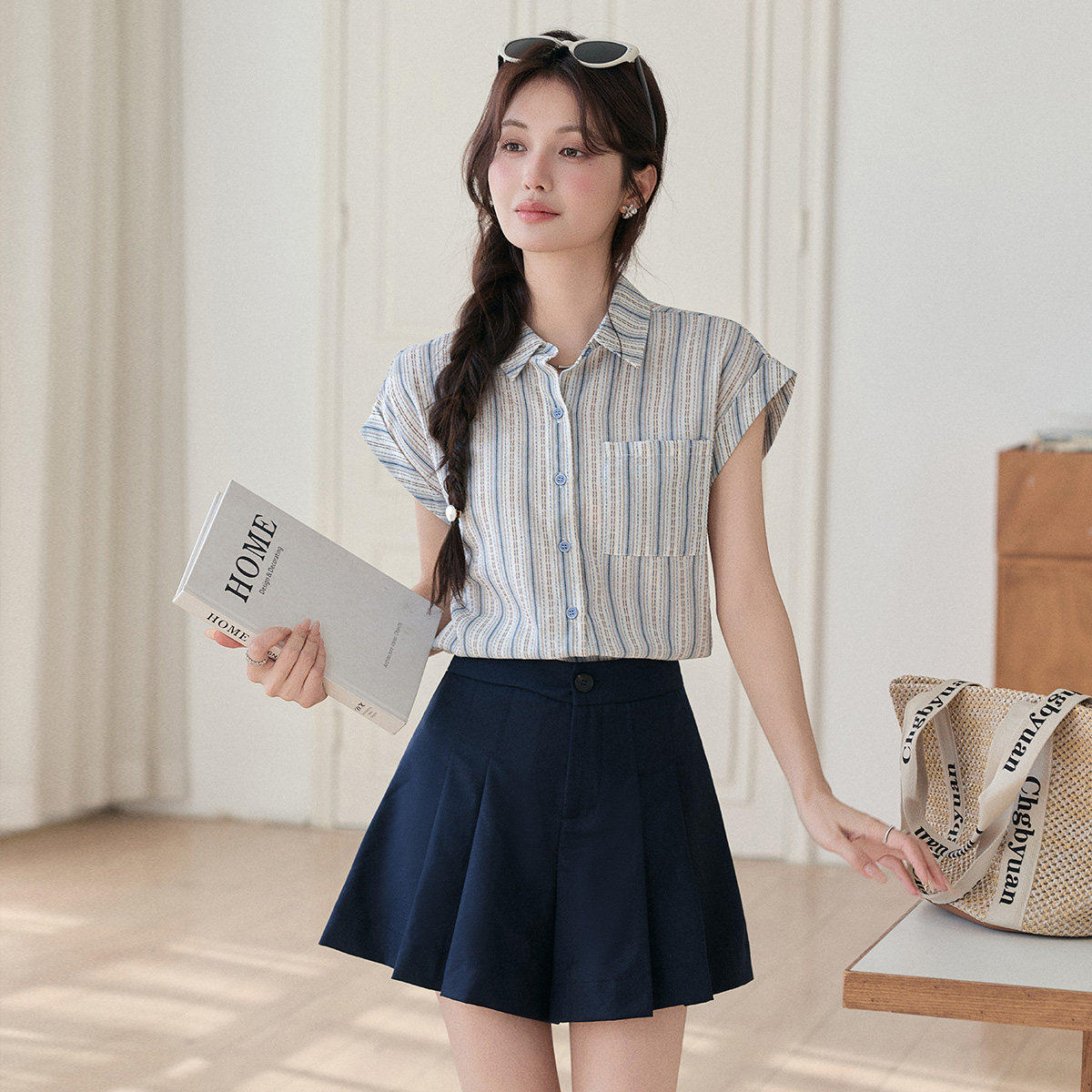 BASICBASE轻熟风条纹短袖衬衫女款夏季宽松翻领开衫显瘦百搭上衣