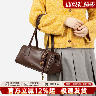 天美意真皮手提包女2025新款 百搭复古单肩斜挎包大容量牛皮腋下包