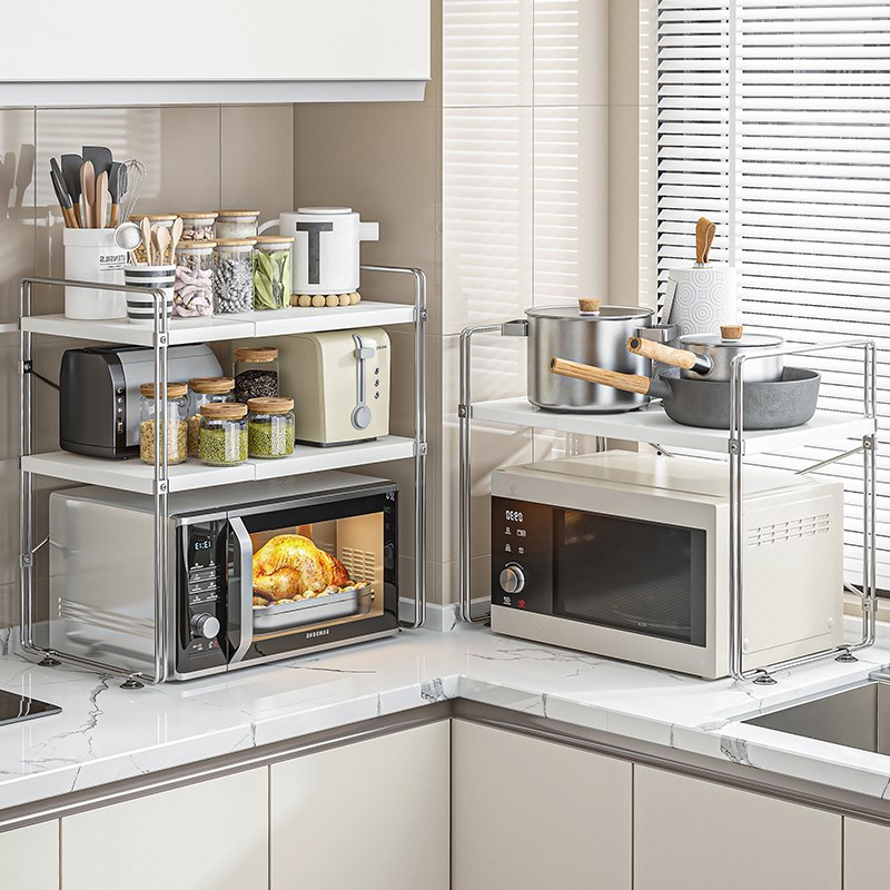 圣西陶微波炉置物架厨房台面双层可调节伸缩电饭锅烤箱分层收纳架