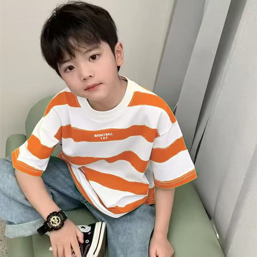 儿童纯棉短袖男童T恤夏季中大童新款圆领宽松痞帅条纹短袖