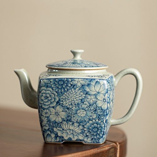 汝窑万花四方壶陶瓷茶壶汝瓷开片可养家用功夫泡茶具茶壶青花单壶