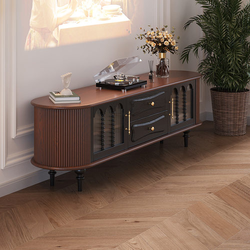 法式复古实木电视柜黑色美式小户型客厅家用收纳储物柜中古风家具