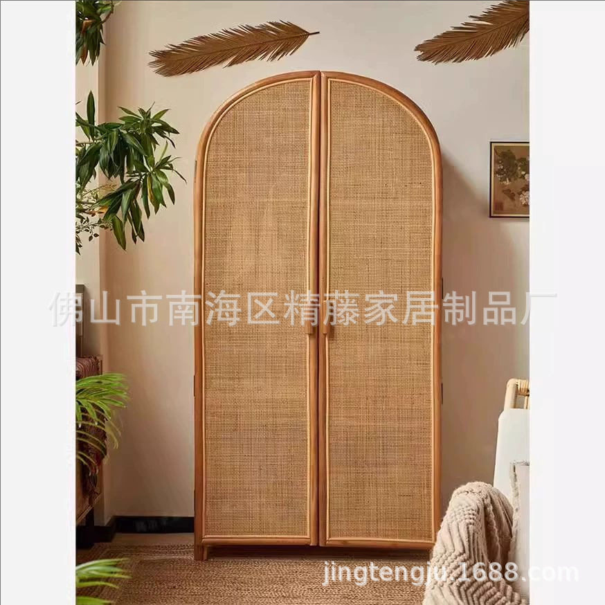 北欧简约藤编衣柜家用卧室天然藤编储物窗门衣柜设计师民宿衣柜