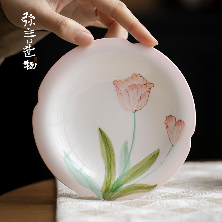 弥言白瓷手绘郁金香壶承手工陶瓷花口干泡盘家用小茶台茶点盘日式