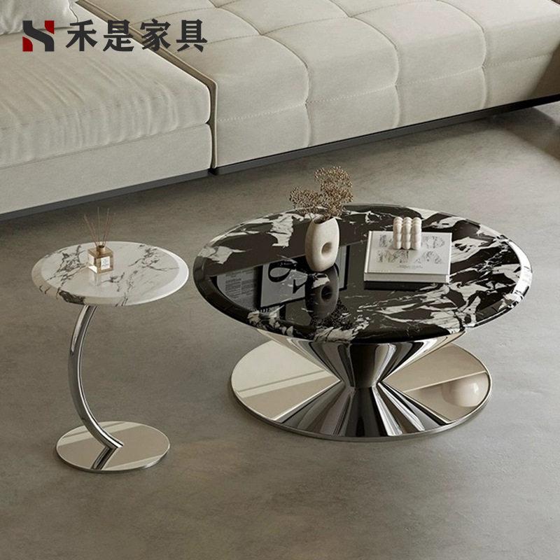 意式轻奢小户型设计师飞碟大理石茶几极简客厅大小圆悬浮茶几组合