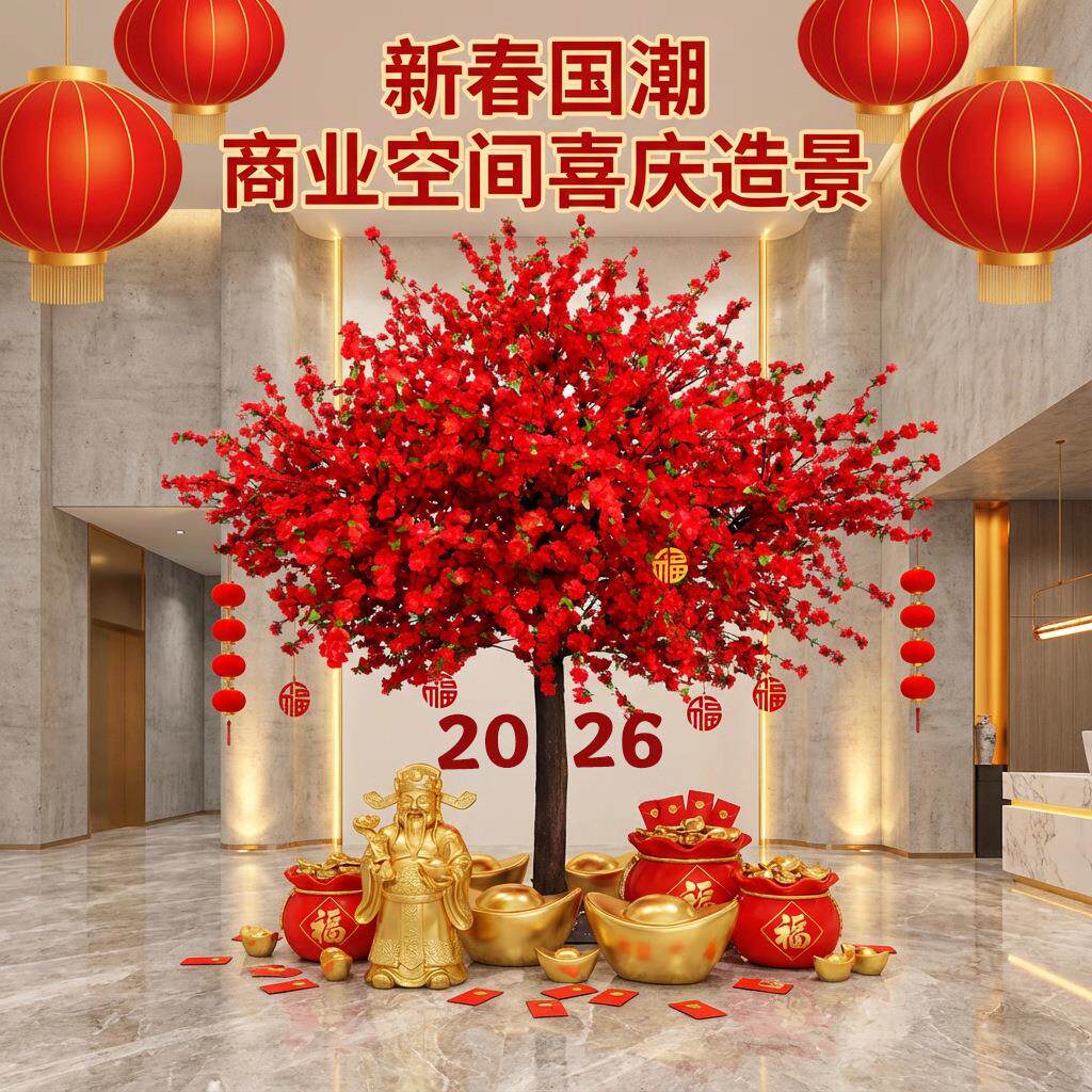 新年布置许愿树仿真桃花树红色中式国风发财红包树假树落地装饰