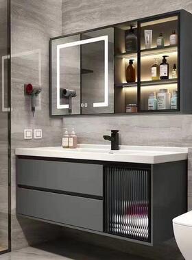 杰耐奇铁灰色简约智能无缝洗漱台陶瓷一体盆卫生间挂墙式浴室柜组