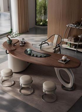 意式轻奢木纹茶桌别墅茶室家用会客桌茶台北美胡桃木茶桌4椅组合