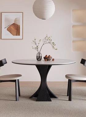 法式复古风实木餐桌圆形家用现代简约意式高端纯白岩板桌椅