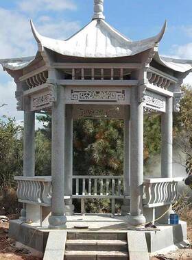 石雕凉亭庭院花园中式砂纹灰色六角石头亭子别墅小区户外石头亭子