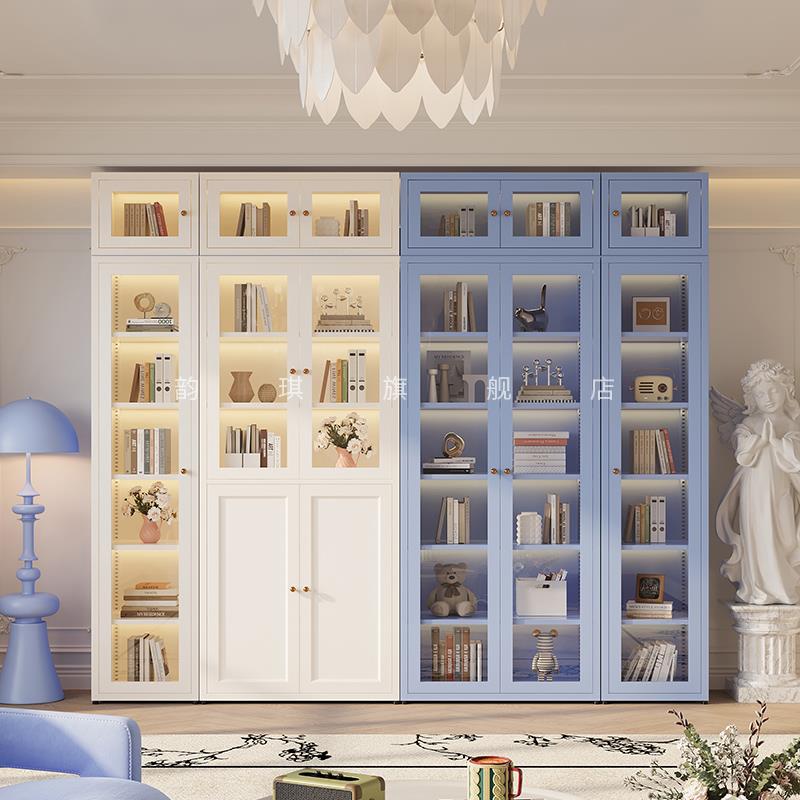 新款法式钢制书柜铁艺玻璃带门书架收纳展示柜落地书橱客厅储物柜