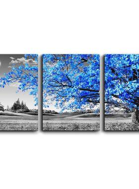 蓝色树床头挂画无框画帆布实木内框黑白月亮三联客厅装饰画