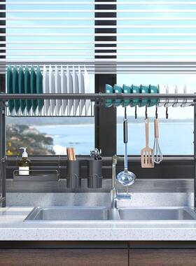 黑色不锈钢厨房置物架电商优选热销60~96cm伸缩水槽沥水架