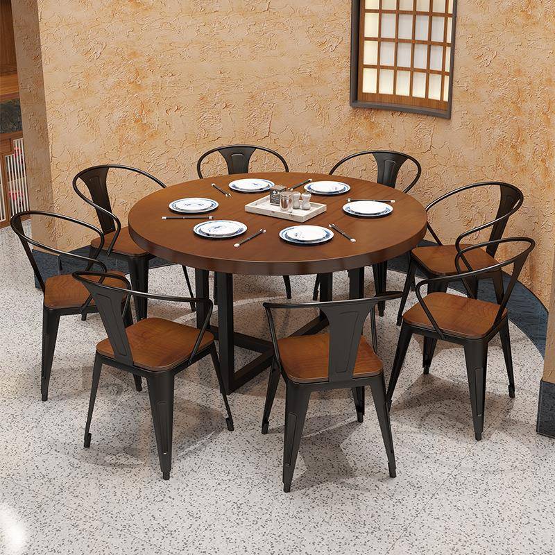 复古餐厅实木圆桌现代简约多人吃饭圆形桌子火锅店包厢餐桌椅组合