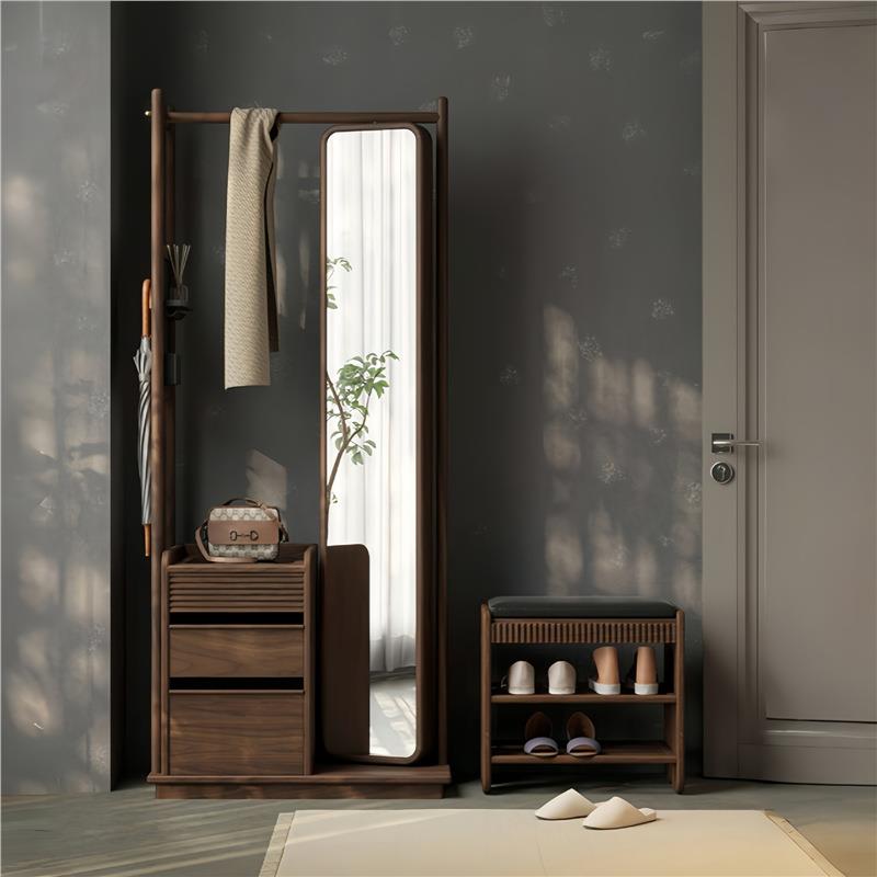 北美黑胡桃木全实木衣帽架落地卧室全身镜子家用穿衣镜一体挂衣架