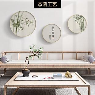 新中式原木风客厅装饰画圆形挂画花鸟翠绿竹子图小清新绿色壁画