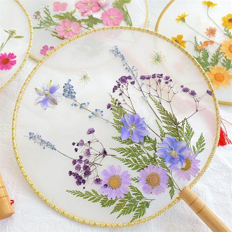 压花团扇diy手工制作材料包儿童干花空白绢扇古风宫扇子团建