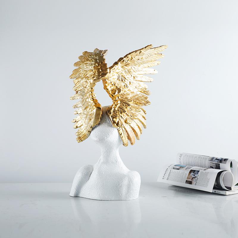 现代创意艺术翅膀人像雕塑树脂摆件客厅家居装饰品样板房软装摆设