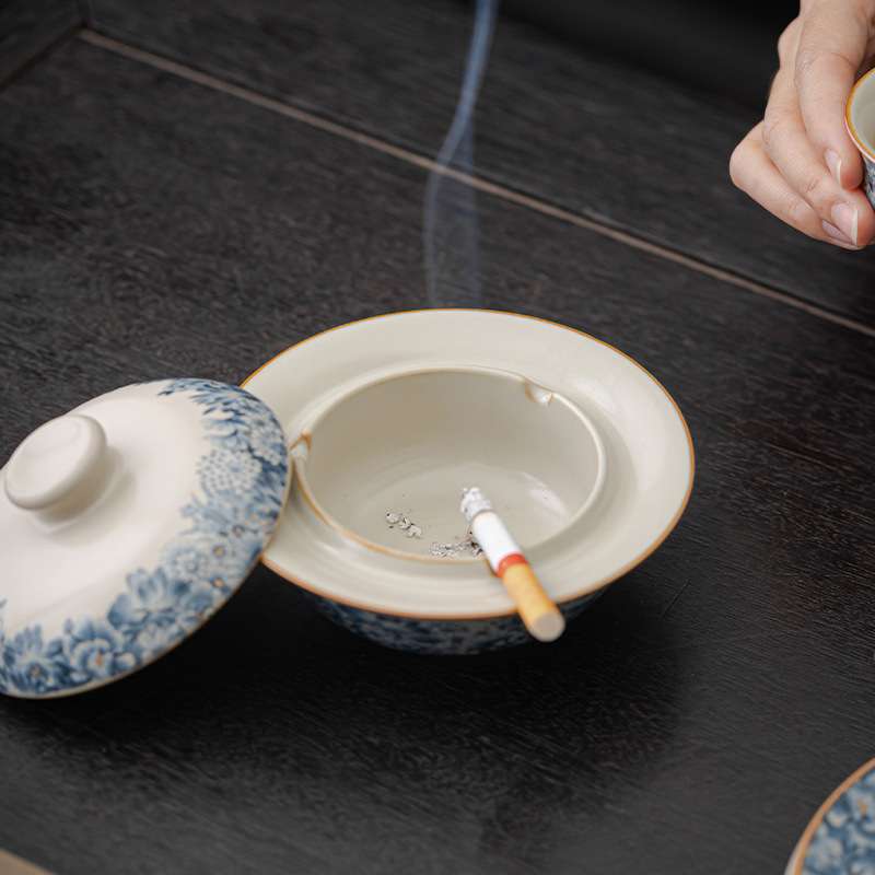 几许风雨陶瓷烟灰缸茶具配件茶桌摆件汝窑高端烟缸青花满彩创意