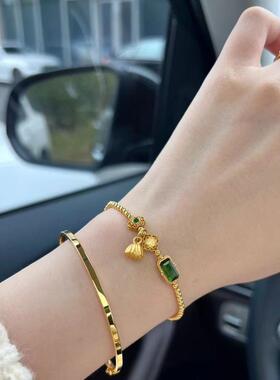 古法金色镶祖母绿锆石手链金色珠子手串莲蓬小花轻奢精致气质饰品
