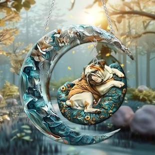 跨境新品卡通狗月牙创新亚克力带链月牙窗饰门廊挂件家居墙面摆件