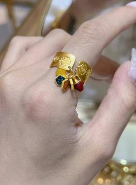 古法吉言手工鉴刻黄金色戒指万事大吉高级感十足结婚喜事戒指