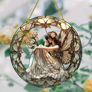 亚克力仙女与蝴蝶翅膀花朵圆形捕日者装饰牌匾窗饰门廊家居装饰