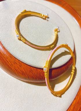 金色宫廷公主粉色珍珠实心手镯轻奢气质百搭饰品礼物送女友生日